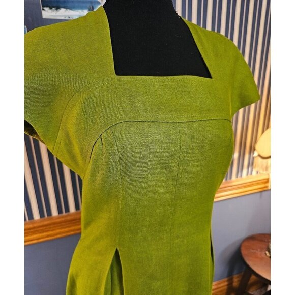 Liz Claiborne Green Linen Dress Size 6 Short Sleeve Pleated Design W Back Zipper - Picture 2 of 7